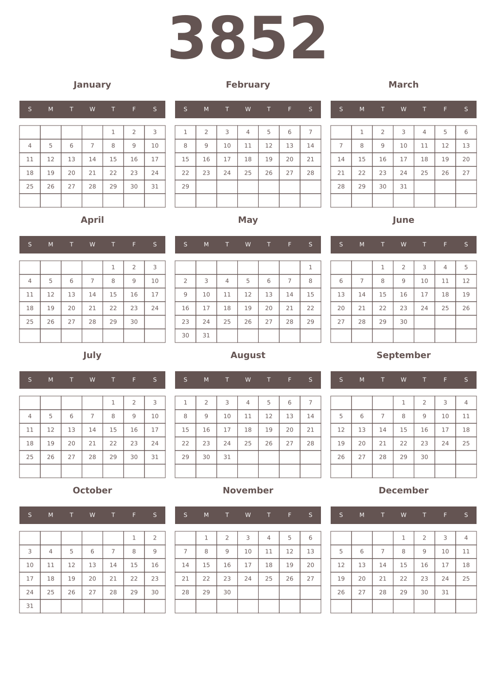 Printable 3852 Year Calendars wenge