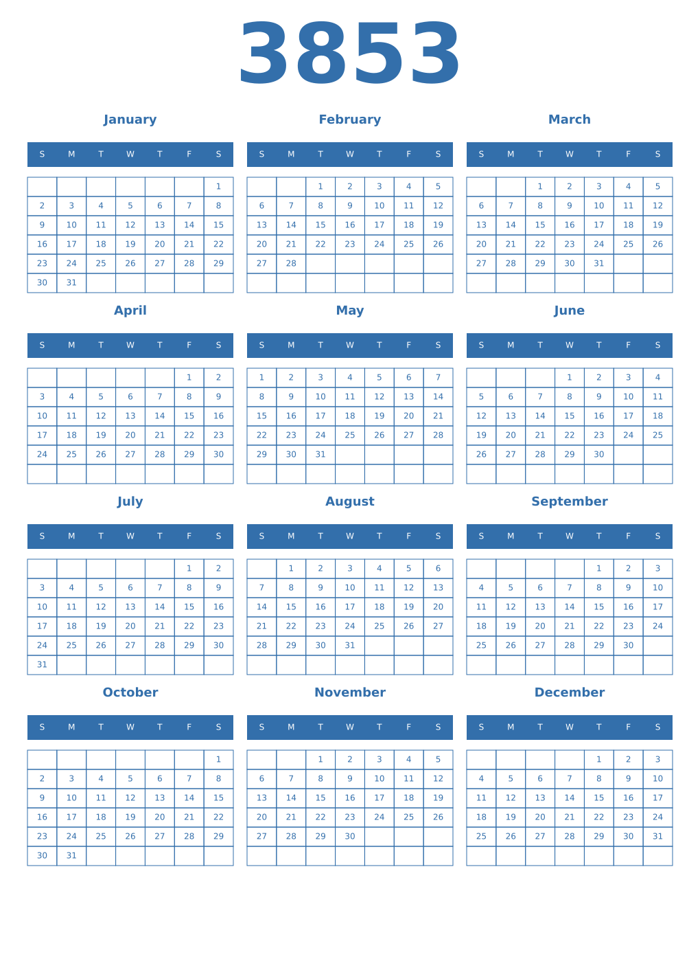 Printable 3853 Year Calendars blue