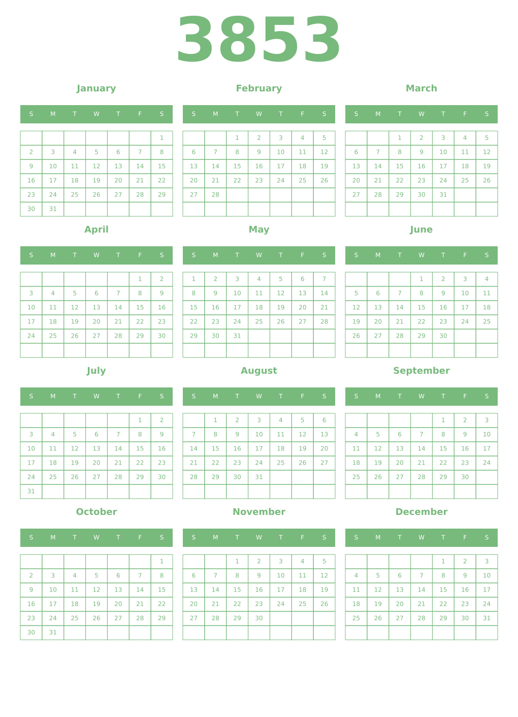 Printable 3853 Year Calendars celadon