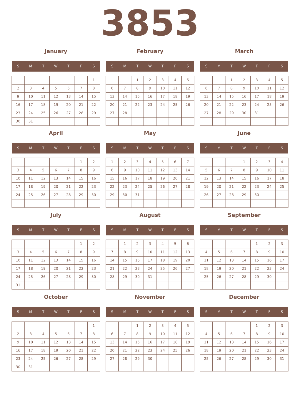 Printable 3853 Year Calendars coffe