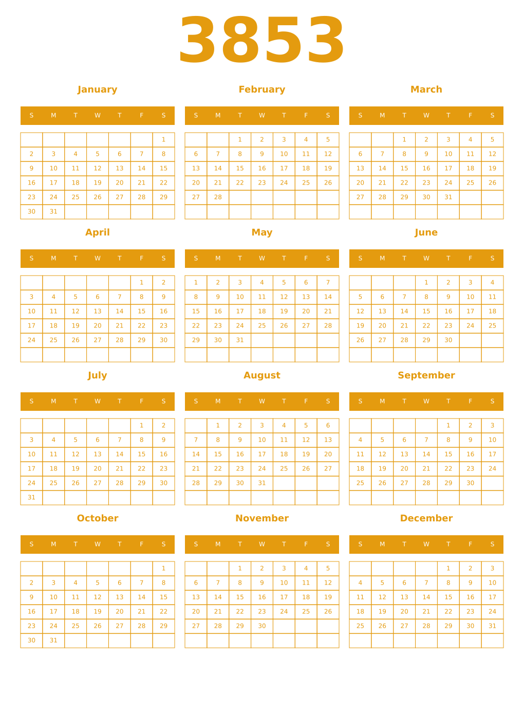 Printable 3853 Year Calendars gamboge