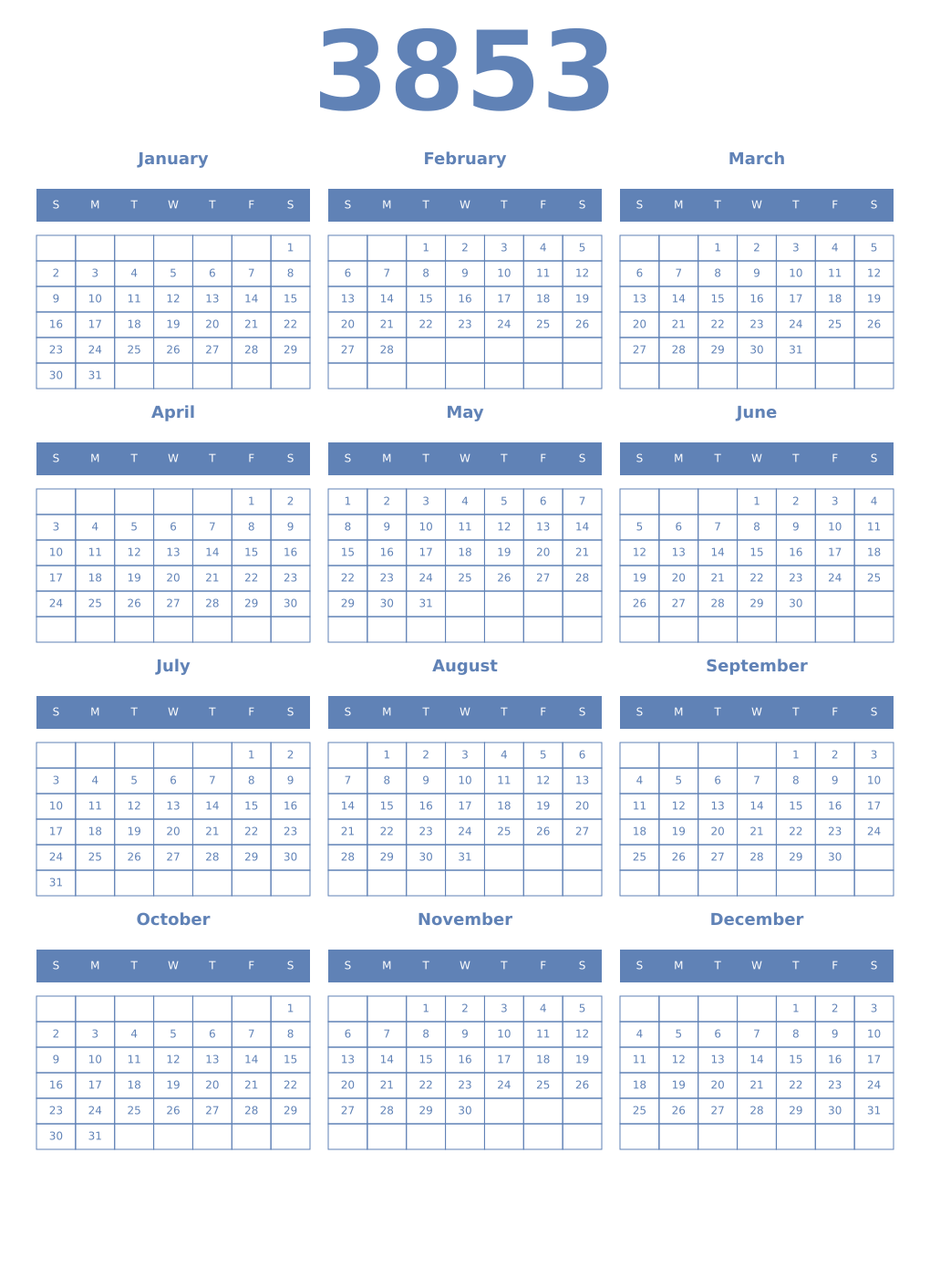 Printable 3853 Year Calendars glaucous