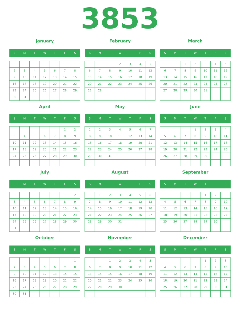 Printable 3853 Year Calendars green