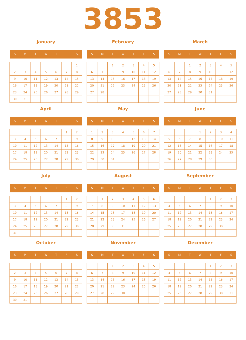 Printable 3853 Year Calendars orange