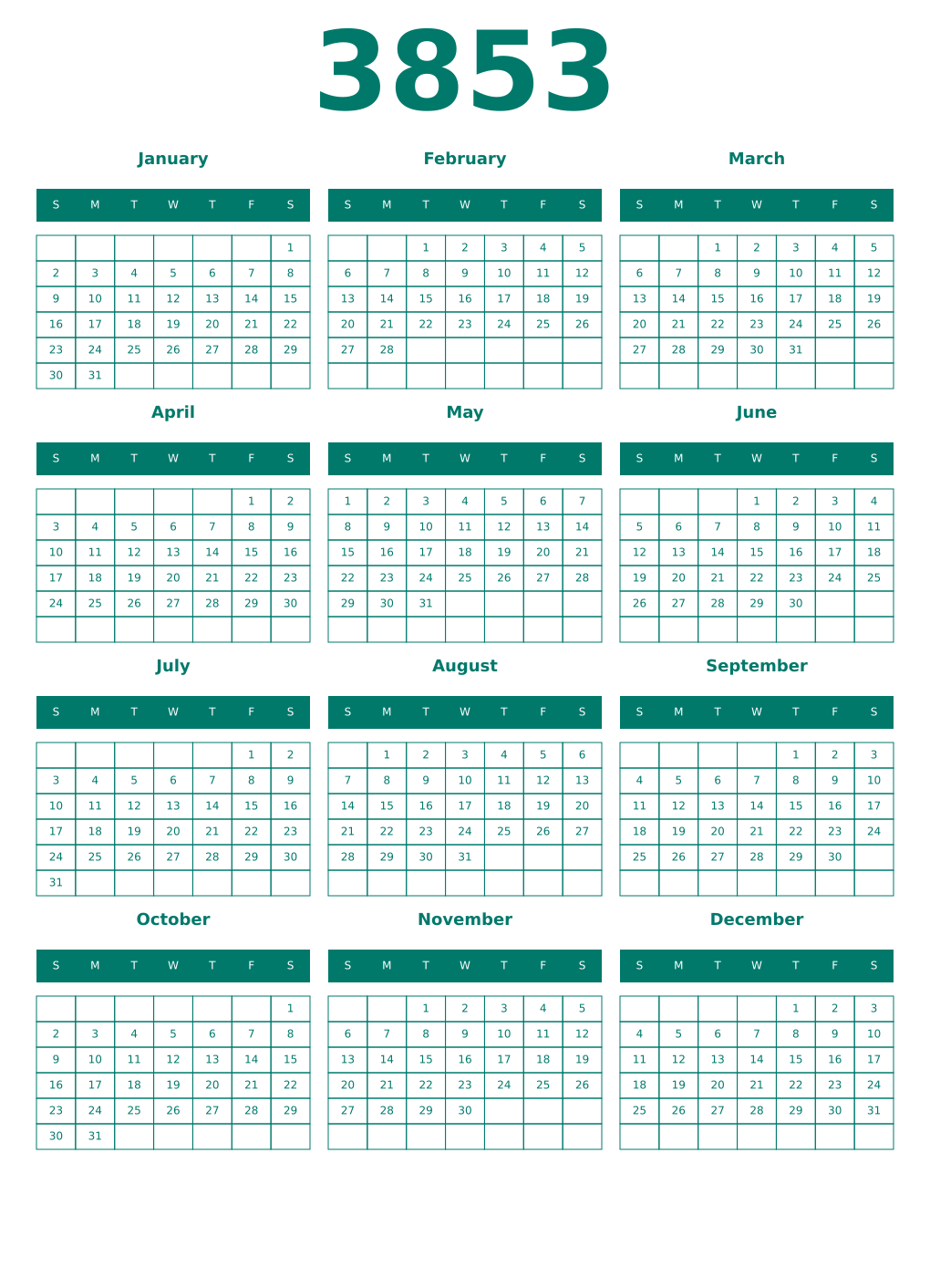 Printable 3853 Year Calendars pastel