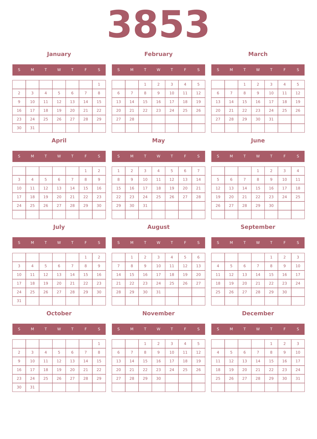 Printable 3853 Year Calendars puce
