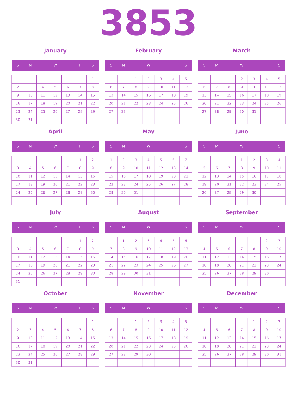 Printable 3853 Year Calendars purple