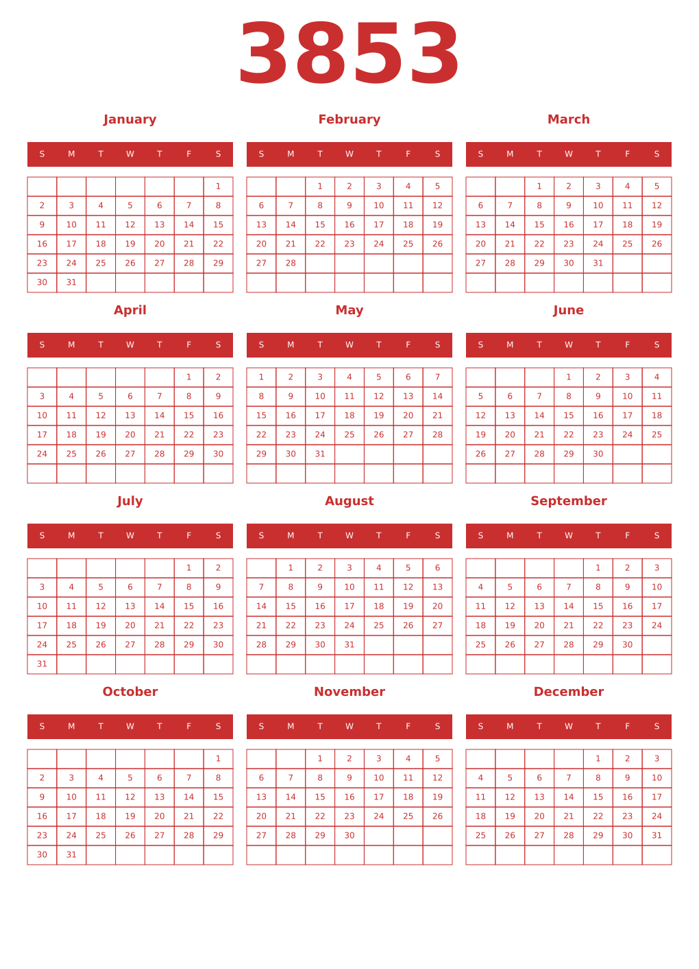 Printable 3853 Year Calendars red
