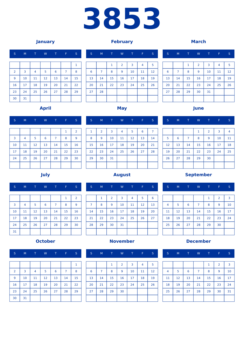 Printable 3853 Year Calendars smalt