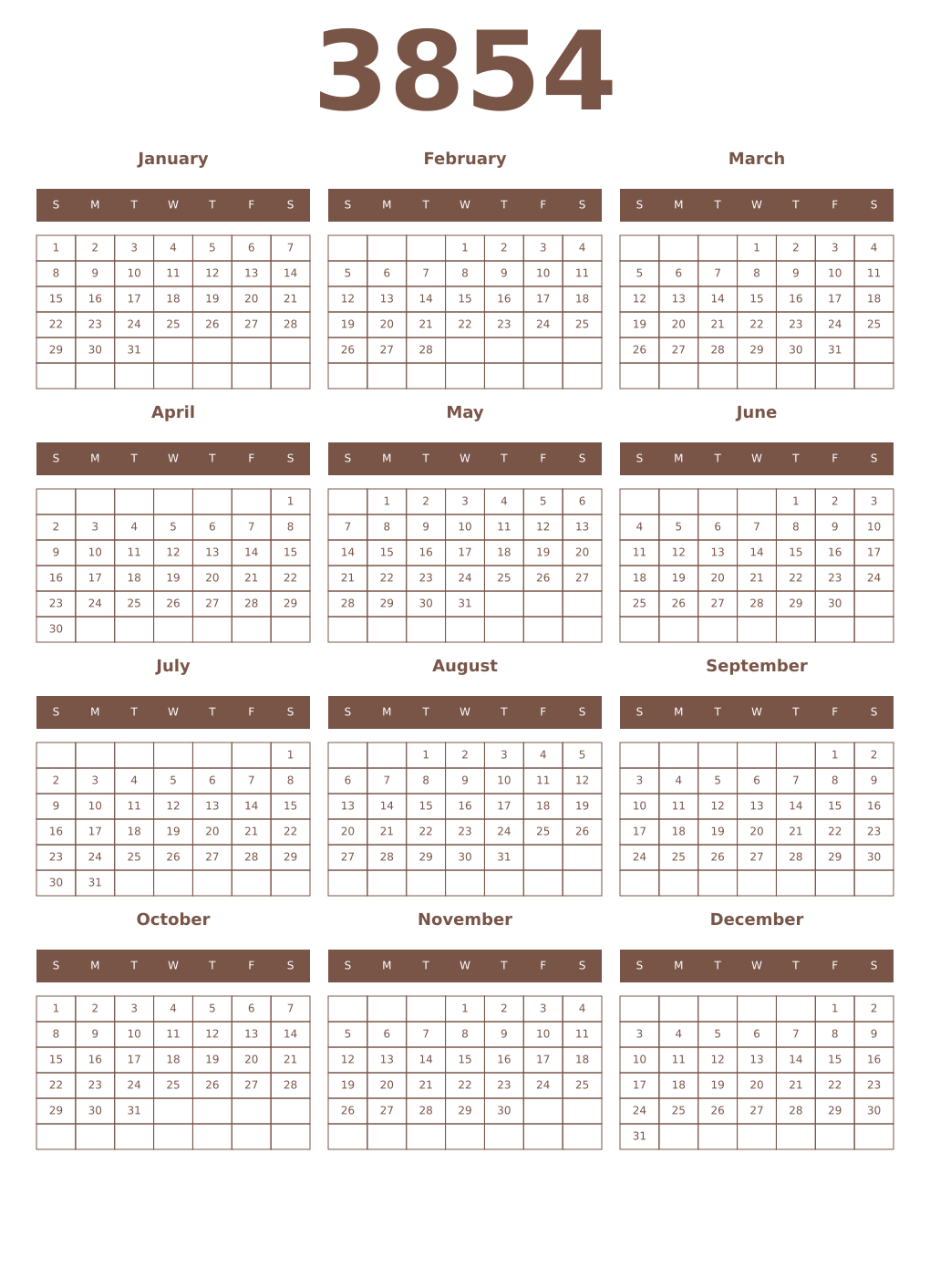 Printable 3854 Year Calendars coffe