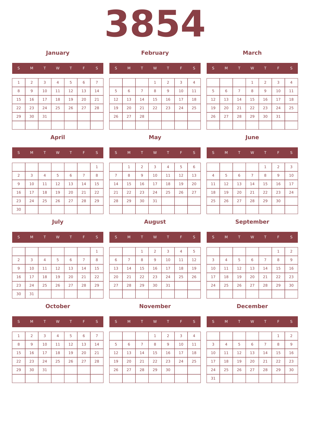 Printable 3854 Year Calendars cordovan
