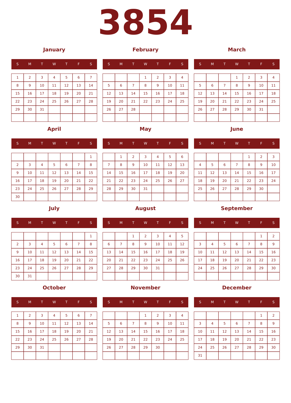 Printable 3854 Year Calendars falu