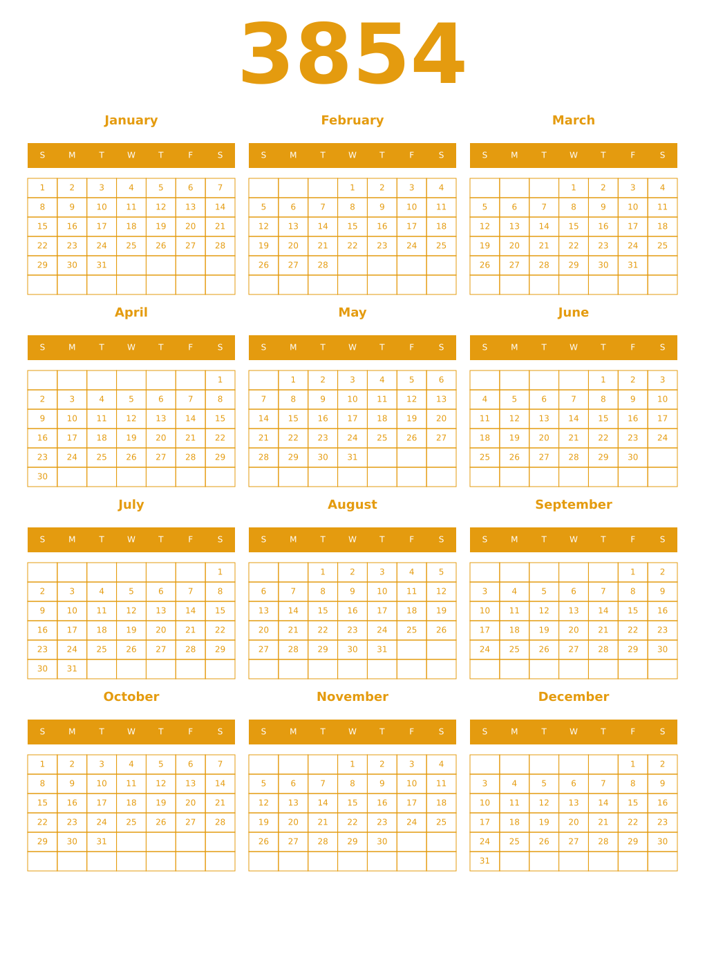 Printable 3854 Year Calendars gamboge