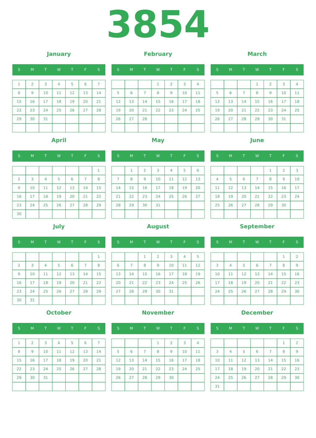 Printable 3854 Year Calendars green
