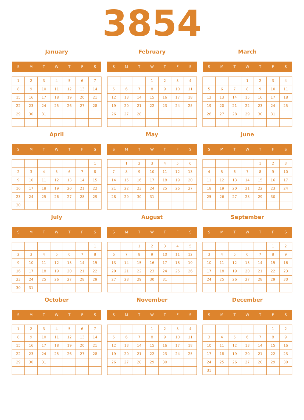 Printable 3854 Year Calendars orange