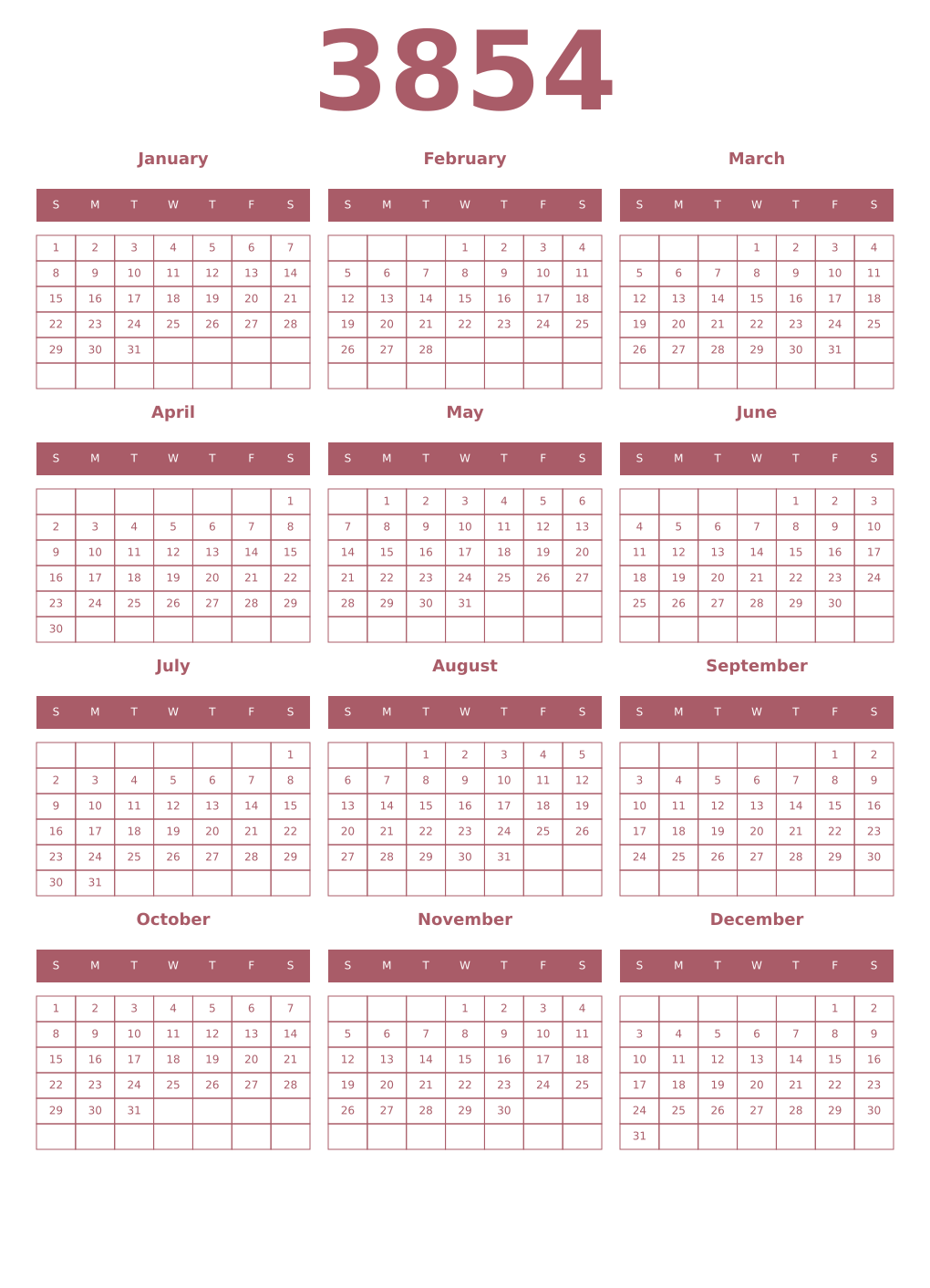 Printable 3854 Year Calendars puce