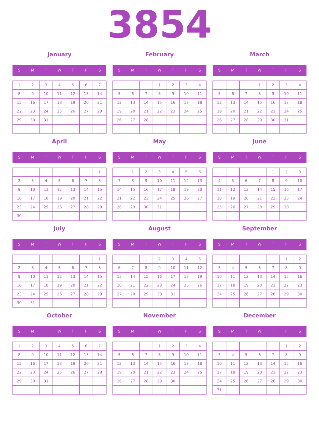 Printable 3854 Year Calendars purple