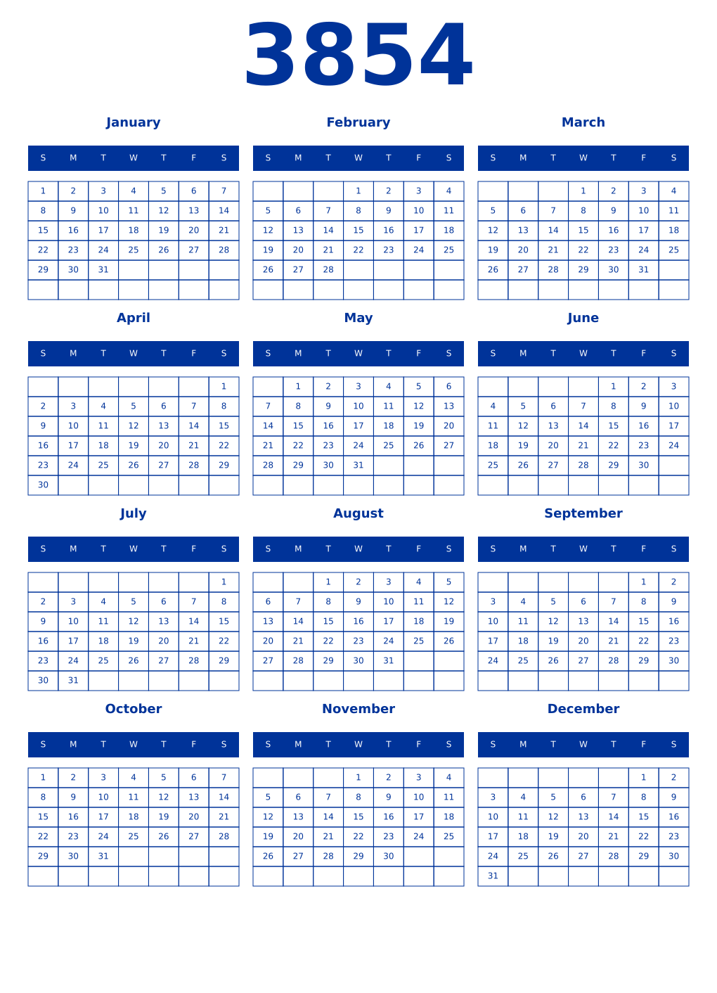 Printable 3854 Year Calendars smalt