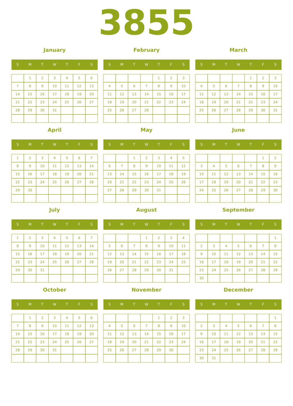 Printable 3855 Year Calendars chartreuse