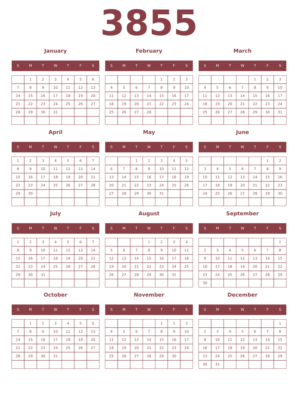 Printable 3855 Year Calendars cordovan