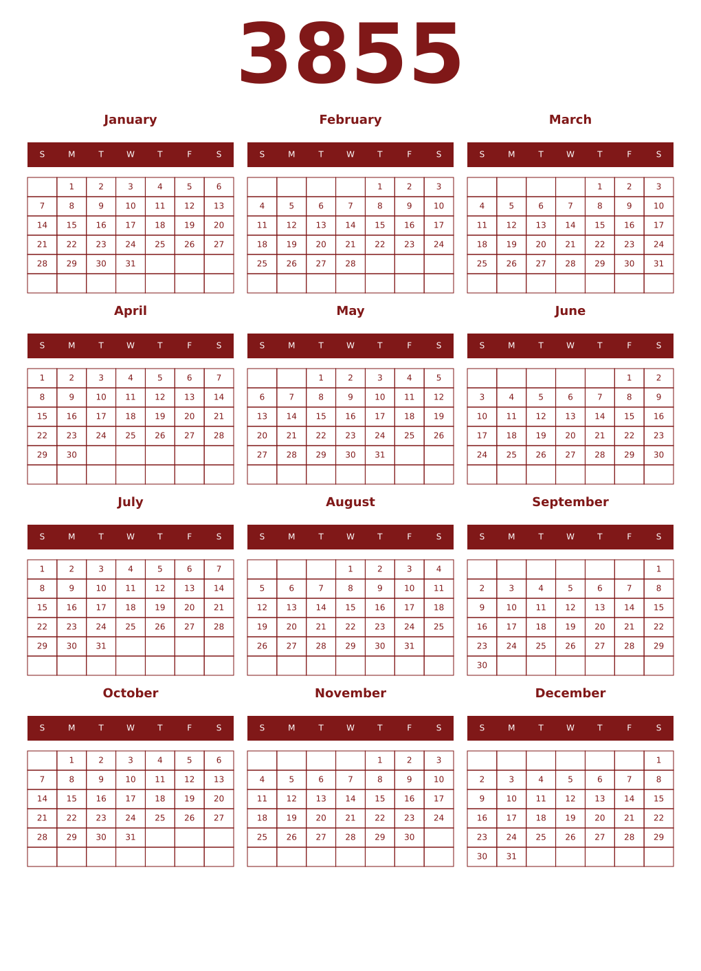 Printable 3855 Year Calendars falu