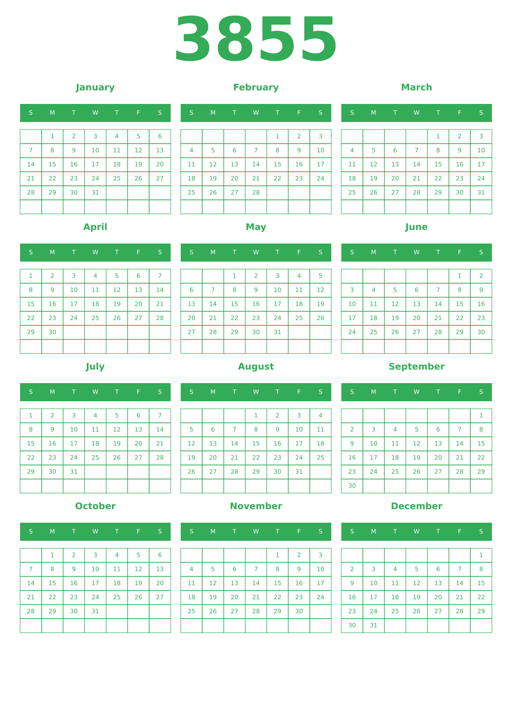 Printable 3855 Year Calendars green
