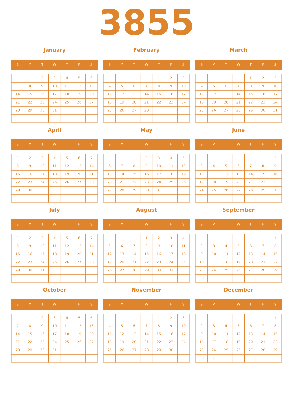 Printable 3855 Year Calendars orange