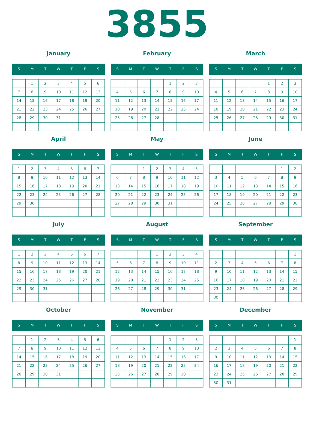 Printable 3855 Year Calendars pastel