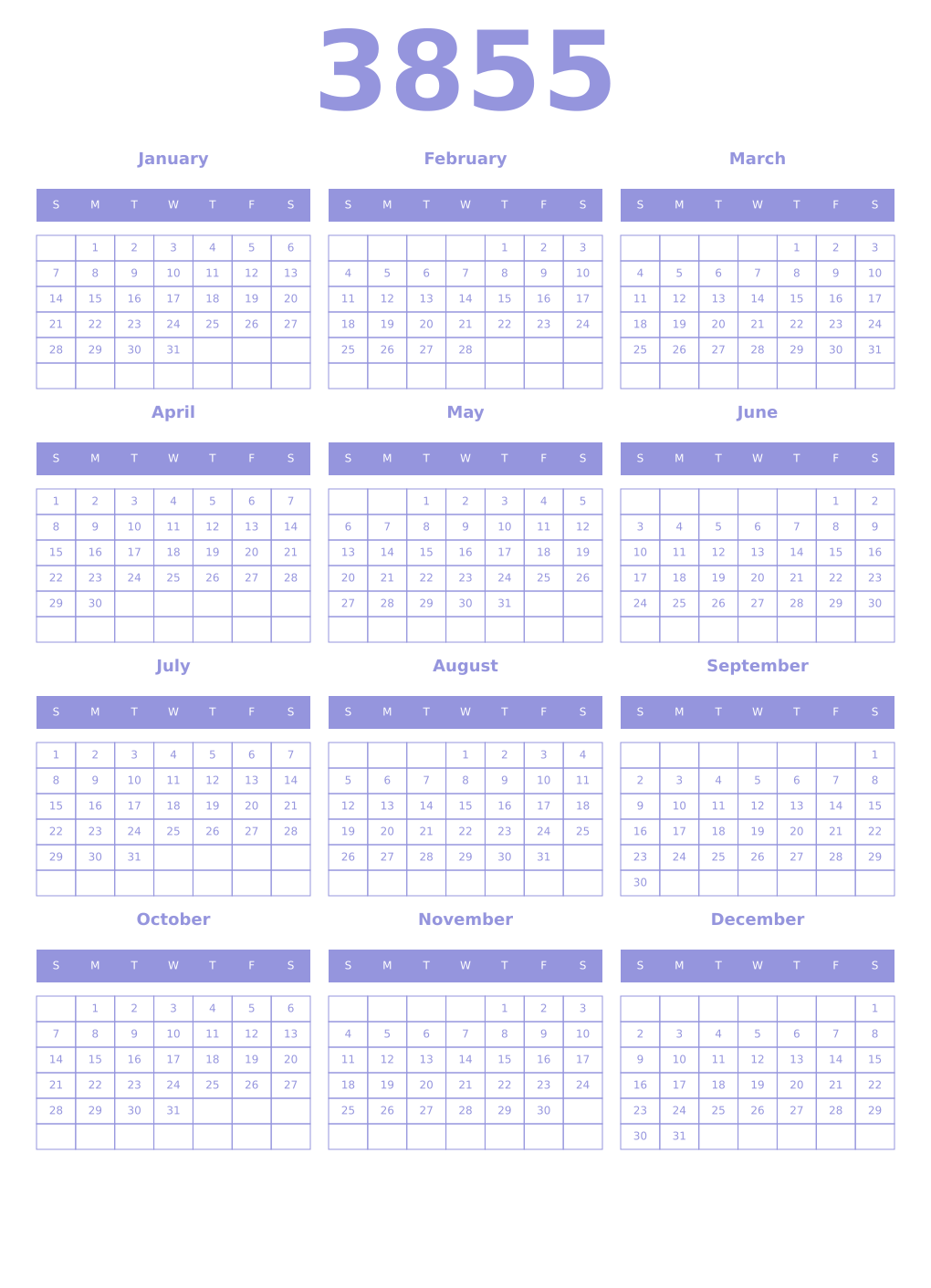 Printable 3855 Year Calendars periwinkle