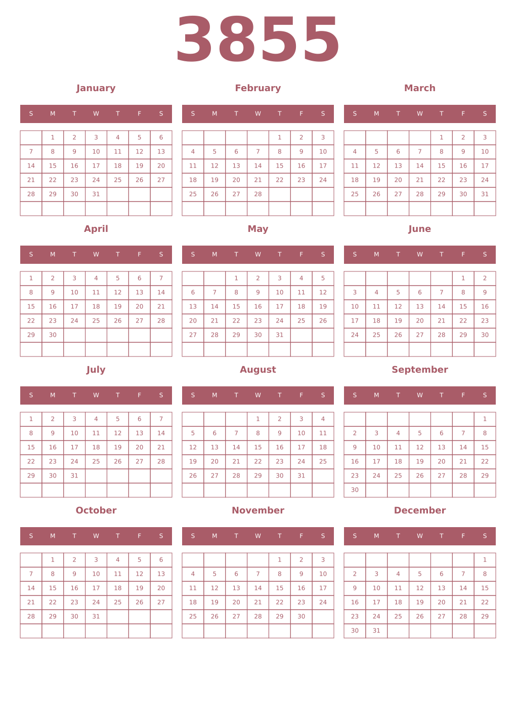 Printable 3855 Year Calendars puce