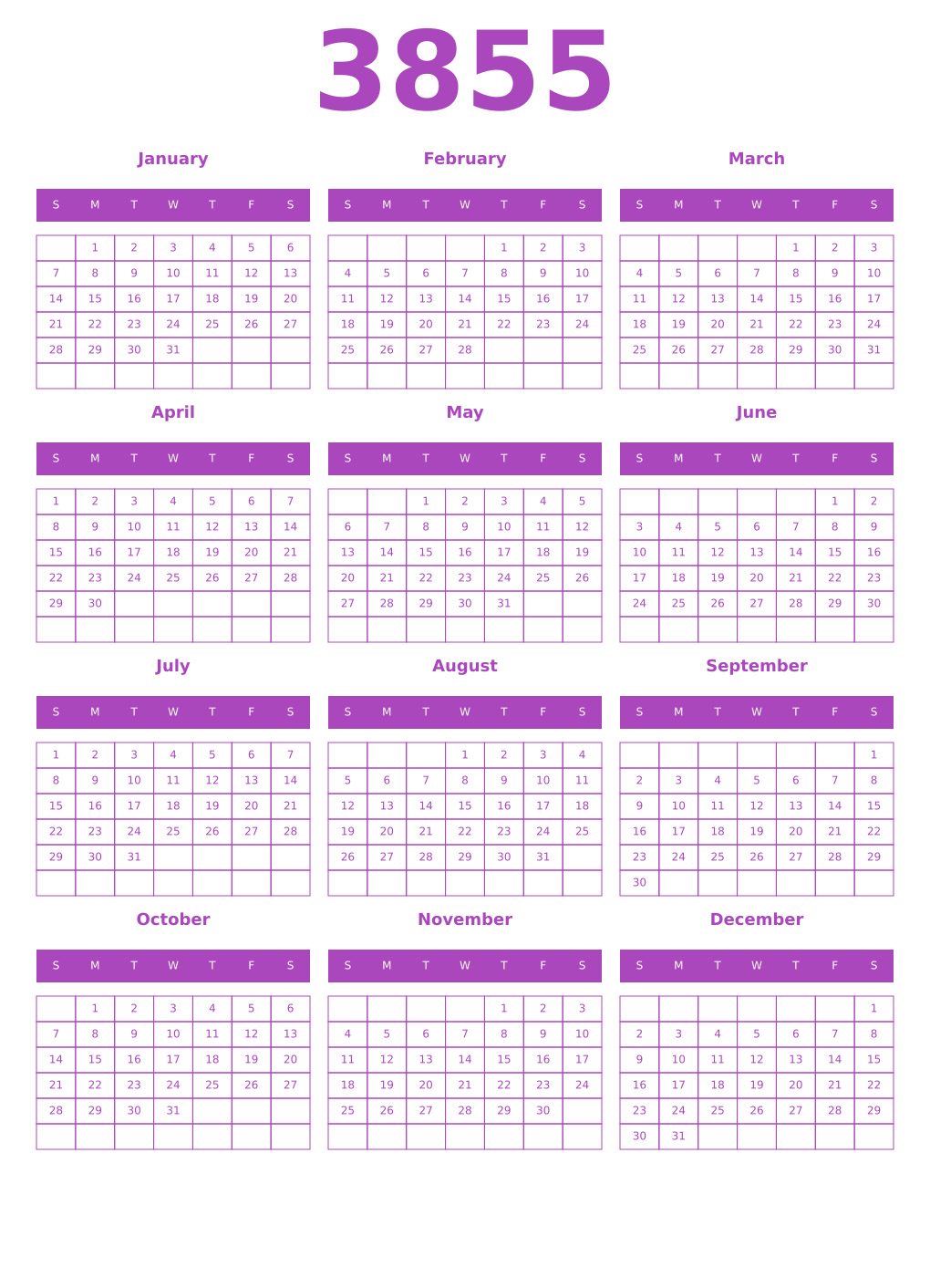 Printable 3855 Year Calendars purple