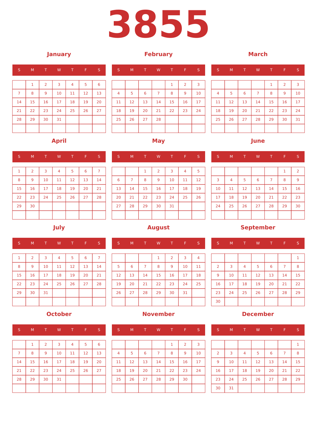 Printable 3855 Year Calendars red