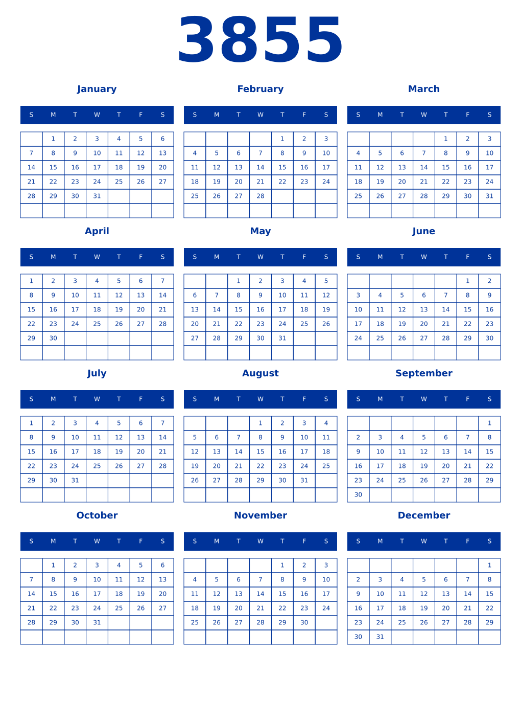 Printable 3855 Year Calendars smalt