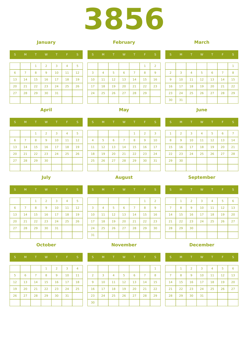 Printable 3856 Year Calendars chartreuse