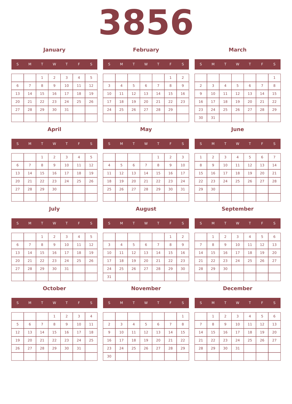 Printable 3856 Year Calendars cordovan