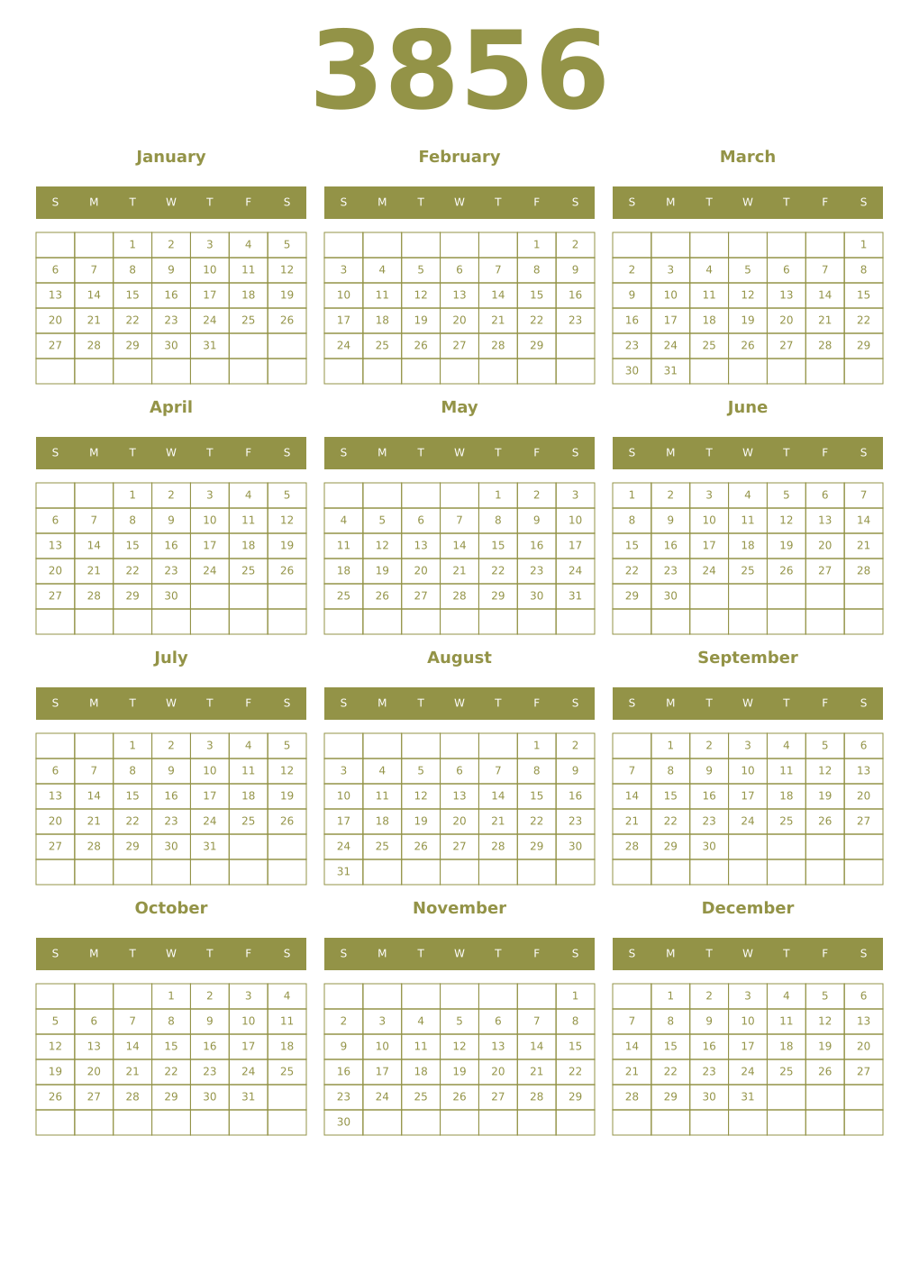 Printable 3856 Year Calendars eburnean