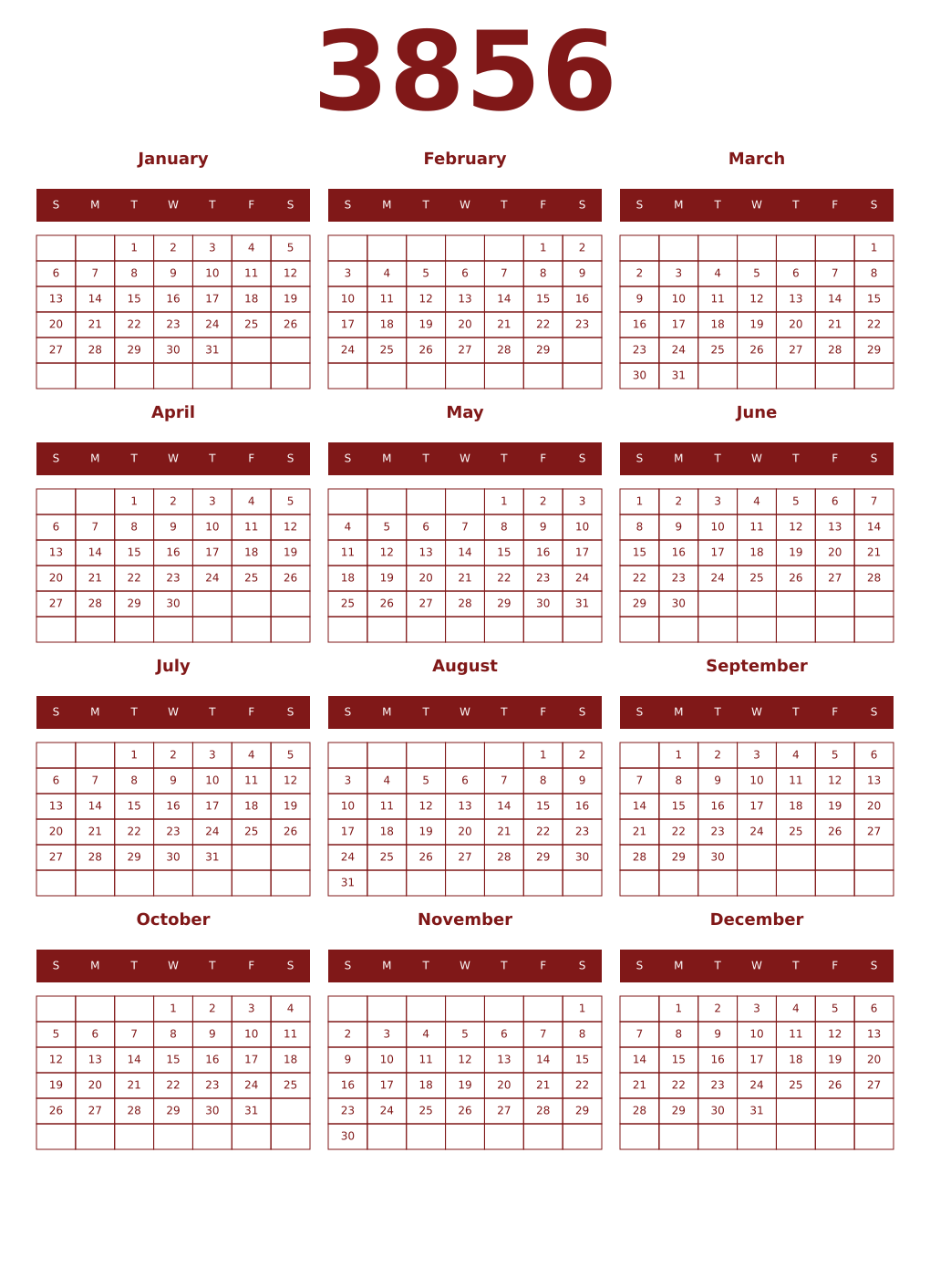Printable 3856 Year Calendars falu