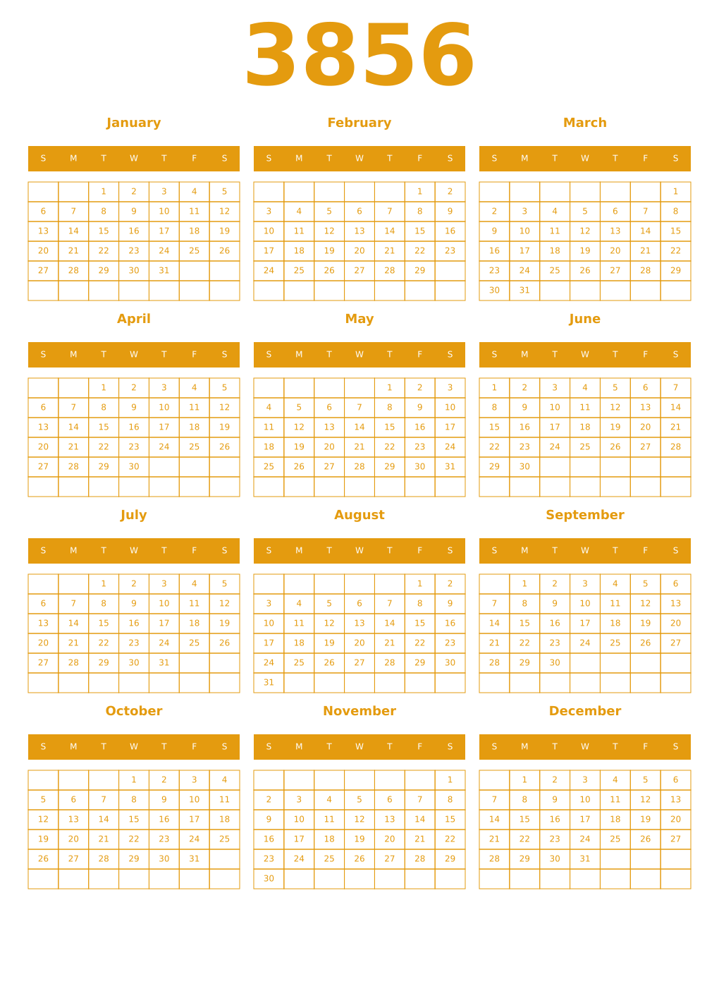 Printable 3856 Year Calendars gamboge