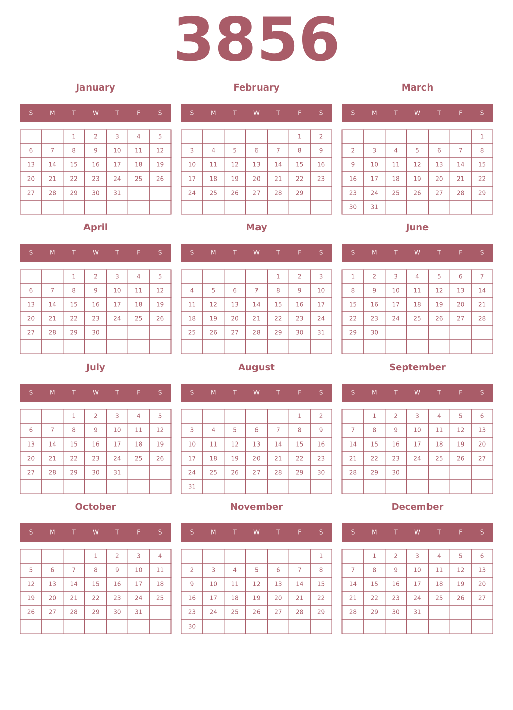 Printable 3856 Year Calendars puce