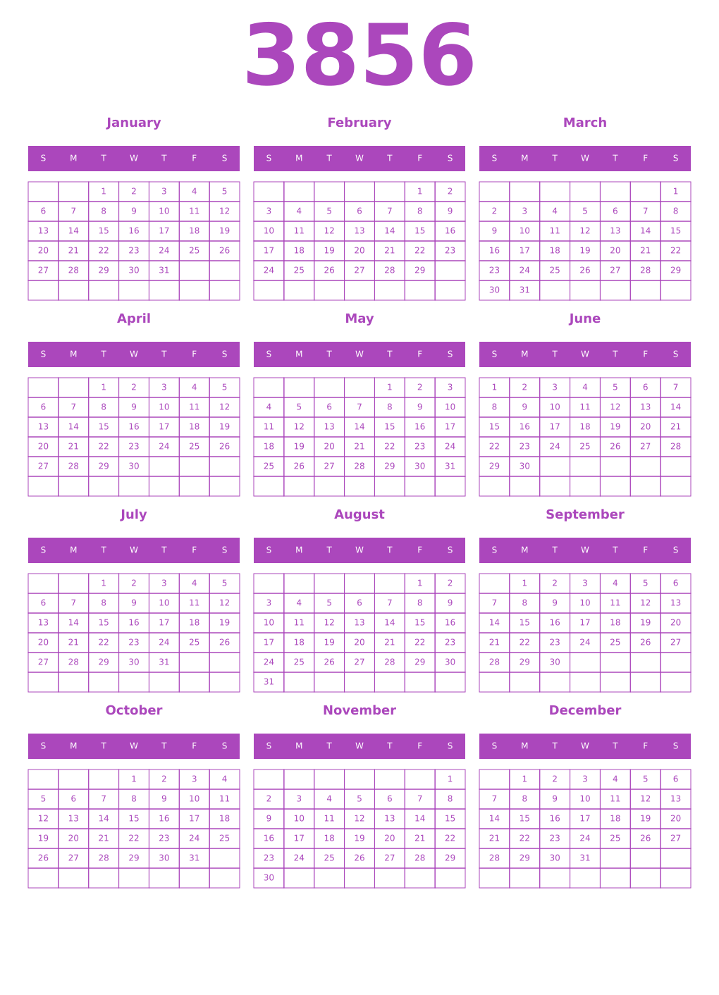 Printable 3856 Year Calendars purple