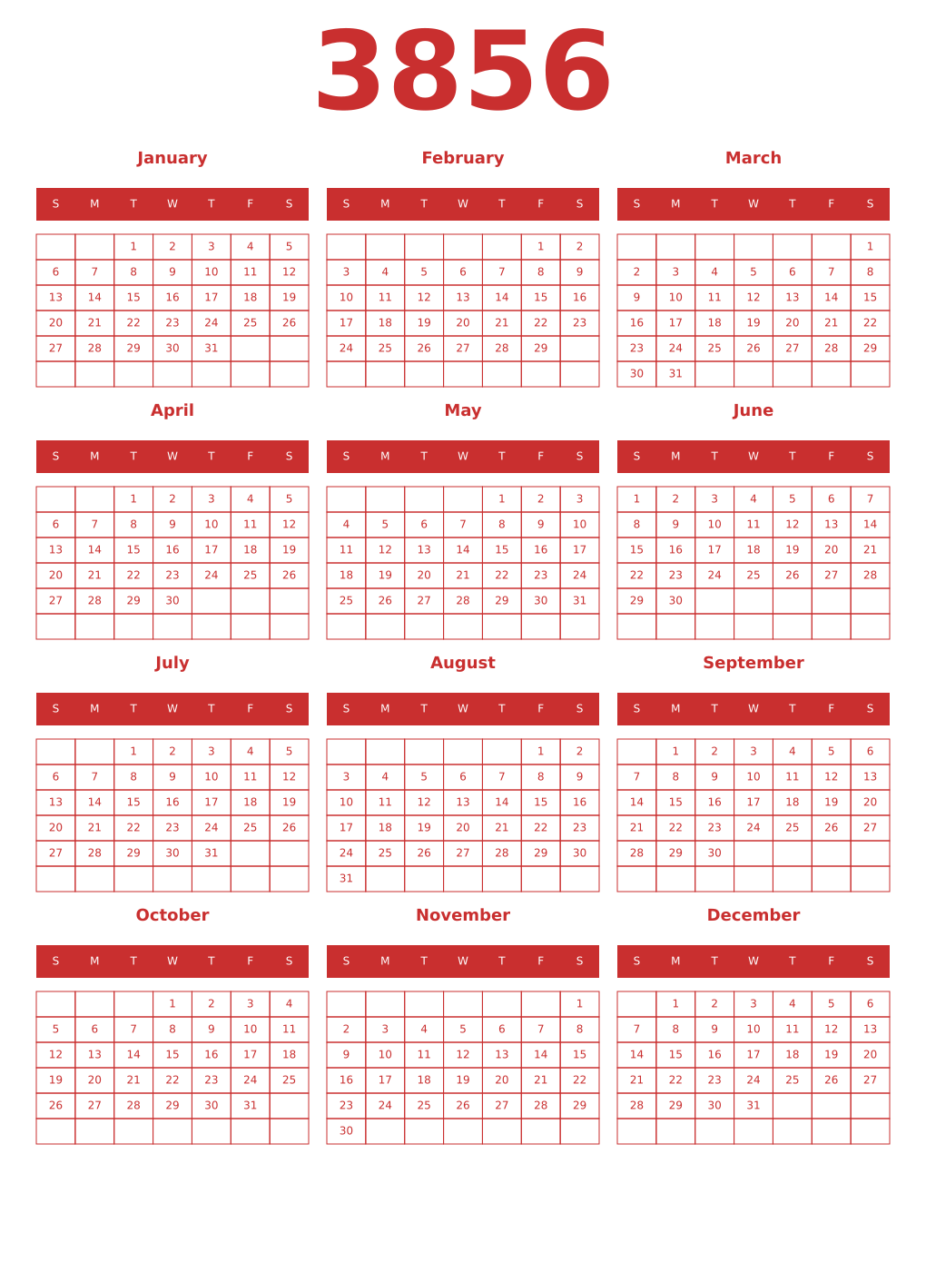 Printable 3856 Year Calendars red