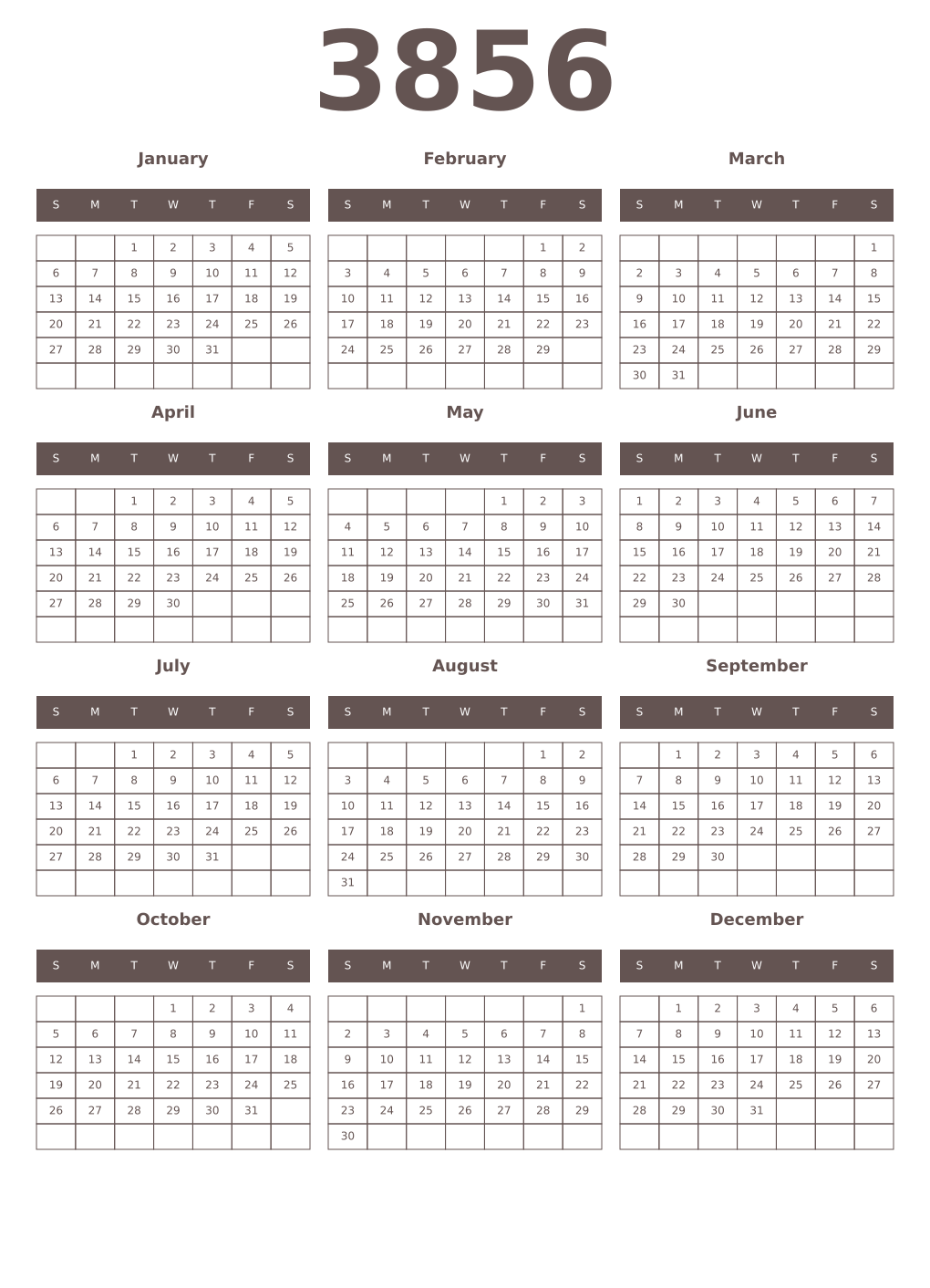 Printable 3856 Year Calendars wenge