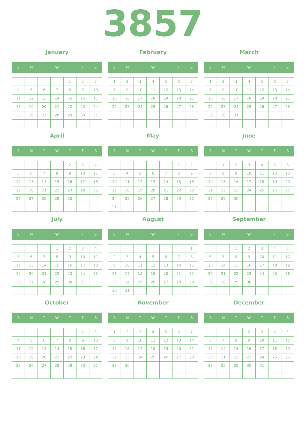 Printable 3857 Year Calendars celadon