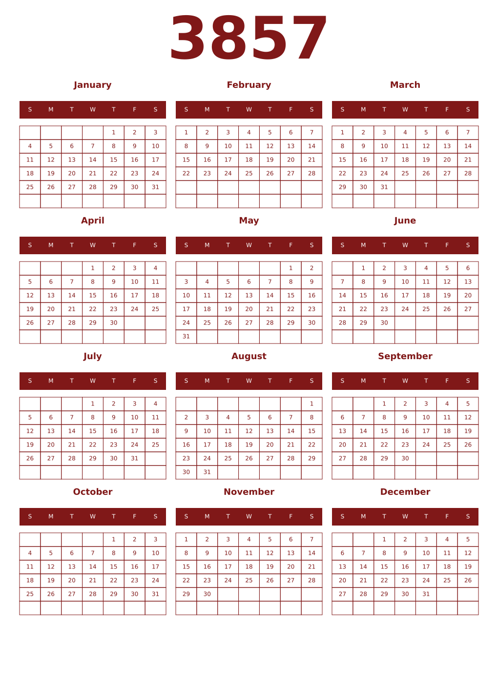 Printable 3857 Year Calendars falu