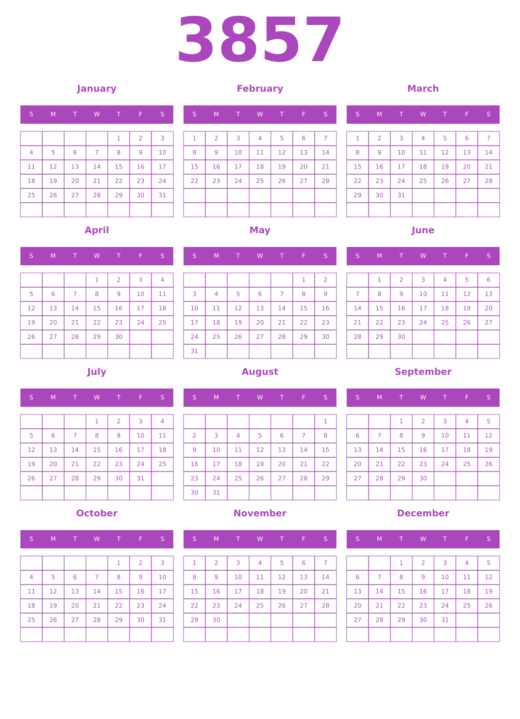 Printable 3857 Year Calendars purple