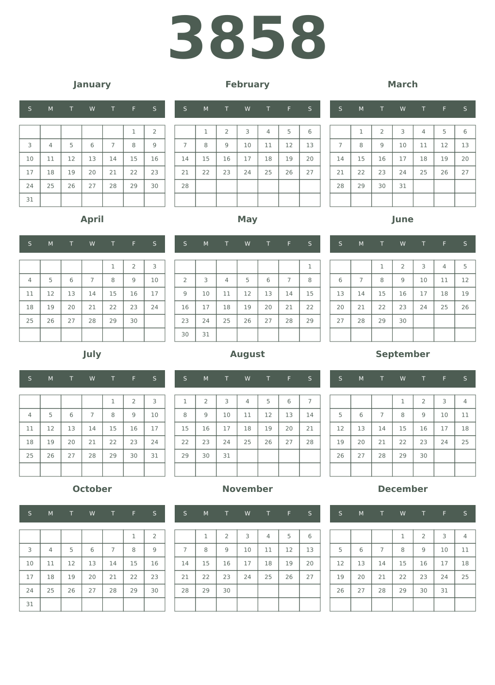 Printable 3858 Year Calendars feldgrau