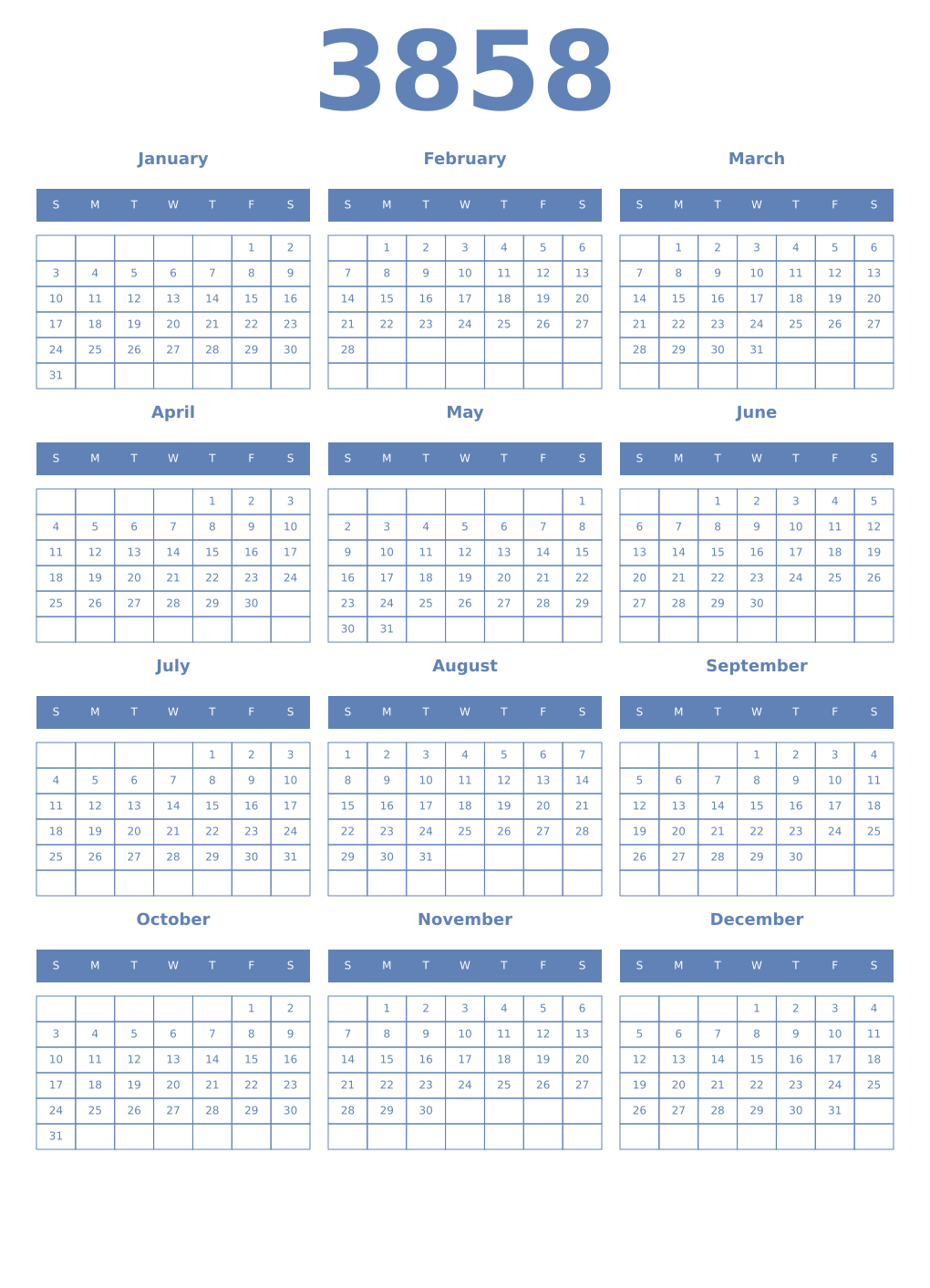 Printable 3858 Year Calendars glaucous