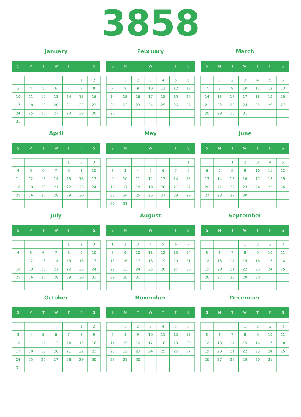 Printable 3858 Year Calendars green