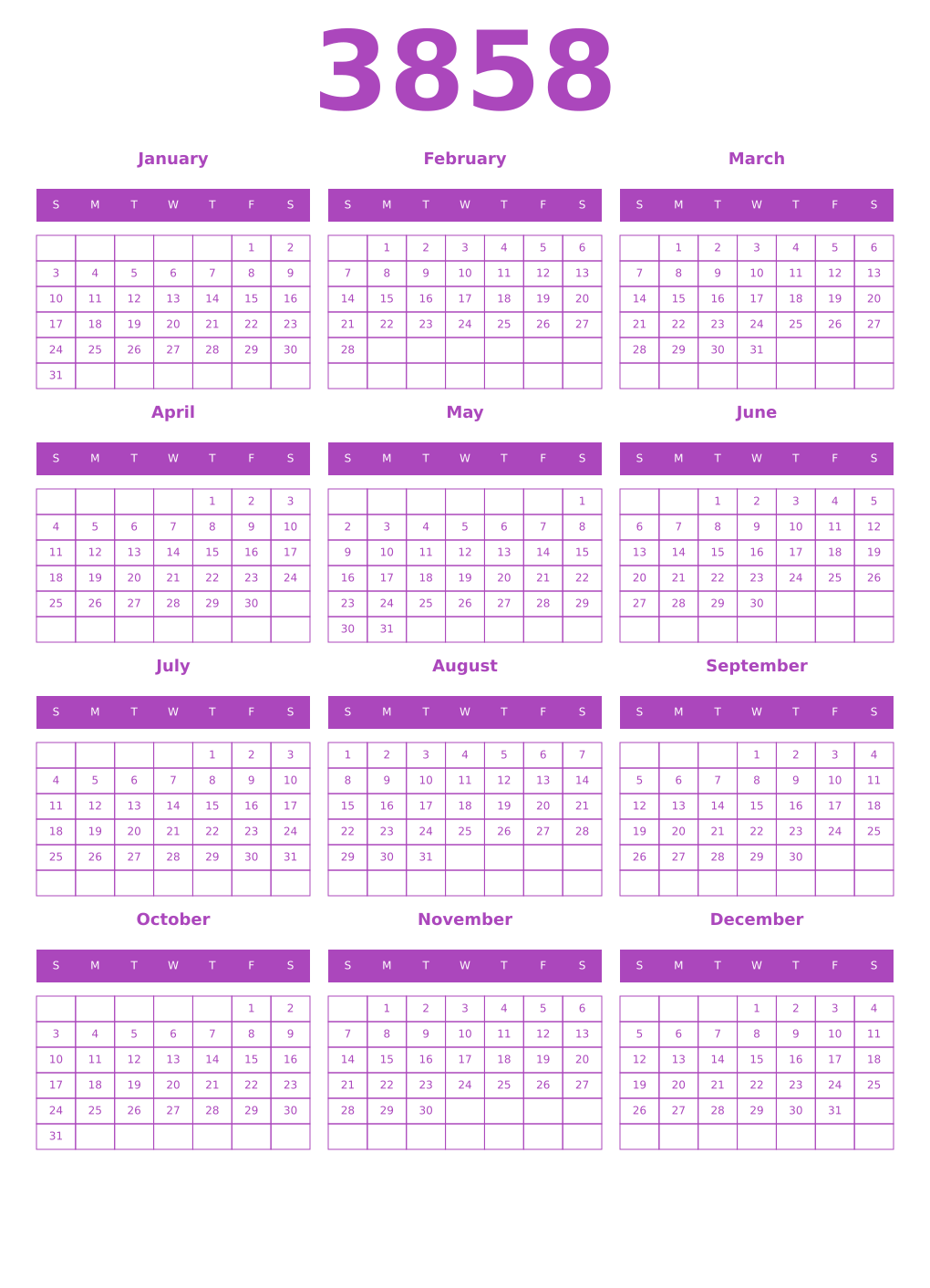 Printable 3858 Year Calendars purple