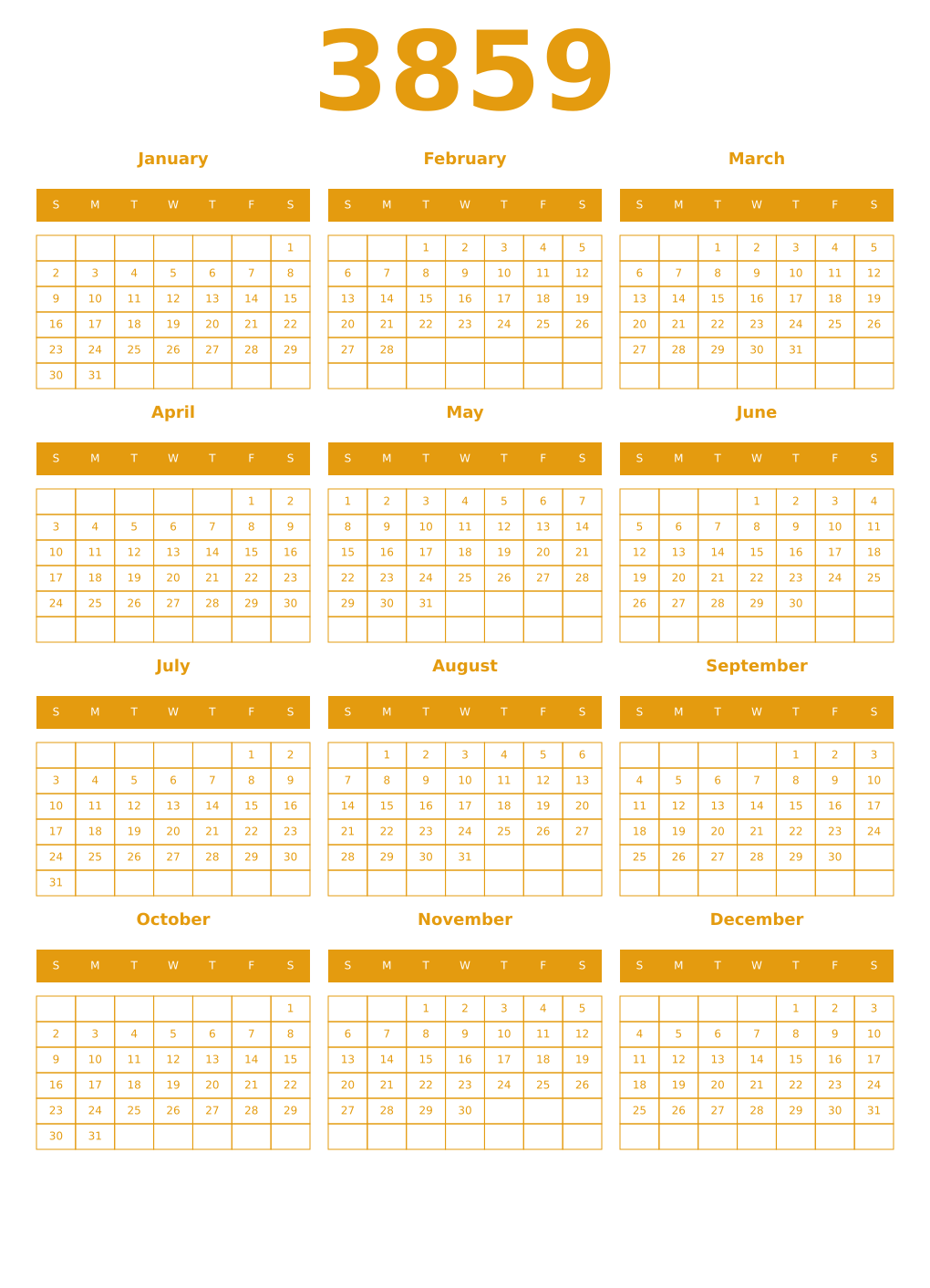 Printable 3859 Year Calendars gamboge